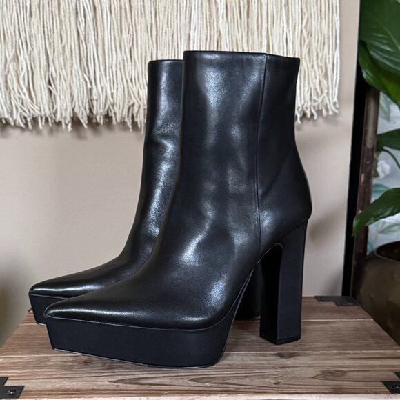 Zara Black Genuine Leather Pointy Toe Inner Zipper Platform Ankle Boots Size 8 - Picture 1 of 13